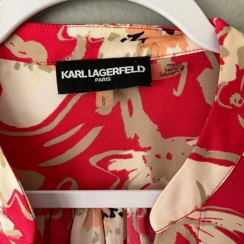 Karl Lagerfeld Blouse coral with floral print long sleeve size Large T177